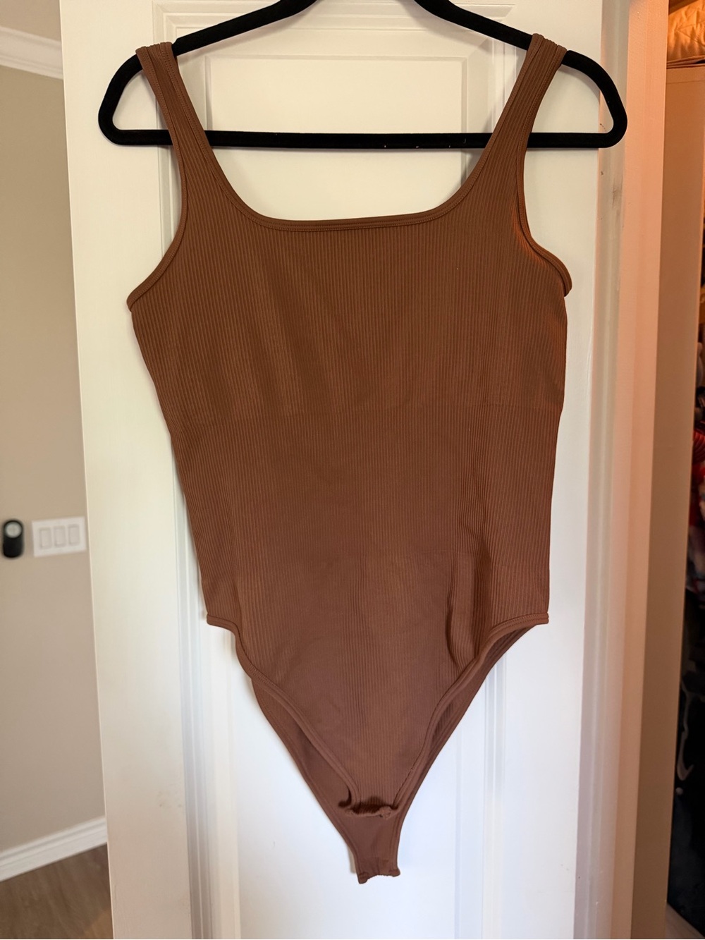 Ribbed Square Neck Bodysuit in Warm Brown